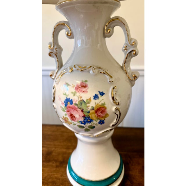 Mid 20th Century Urn Porcelain Vintage Lamp With Floral Designs For Sale - Image 5 of 12