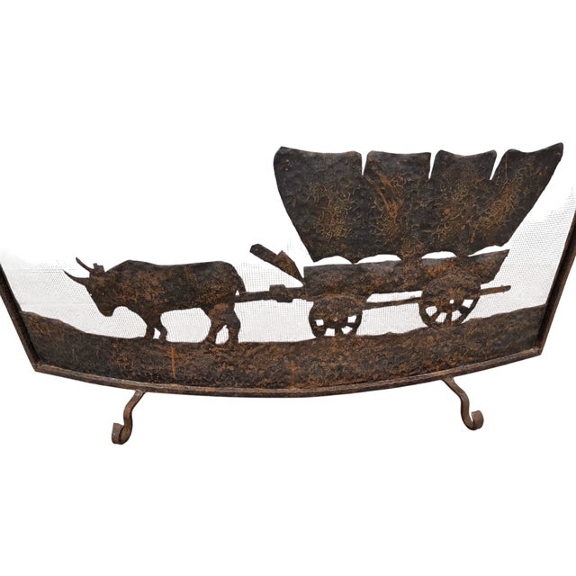 Wonderful hand hammered metal artist made Conestoga fireplace screen. great condition minor age related ware. some dents...