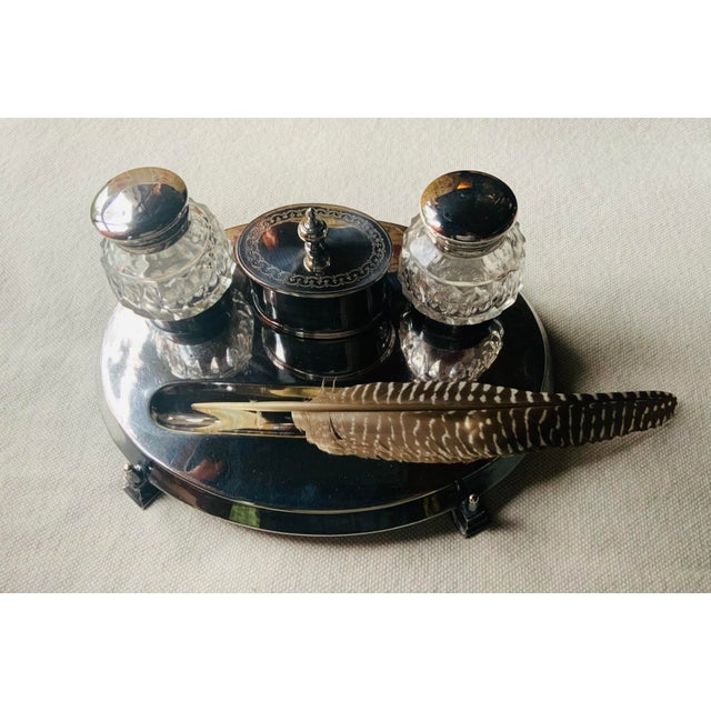 Metal English Neoclassical Silverplate Inkwell & Inkstand ,c.1900 For Sale - Image 7 of 16