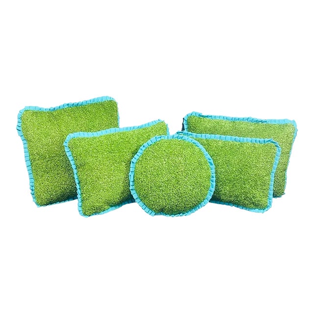 Custom Handcrafted Artificial Turf Lumbar Pillow With Turquoise Ruffle - Large Square For Sale