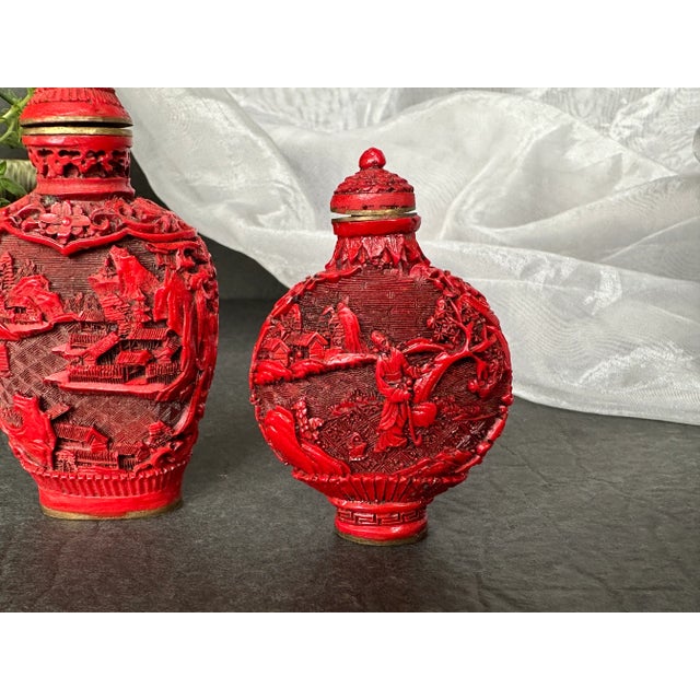 Chinoiserie Antique Chinese Cinnabar Snuff Bottles Set of 2 For Sale - Image 3 of 13