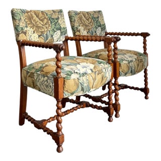 Vintage Twisted Wood Dorothy Draper Upholstered Barley Twist Armchairs For Sale