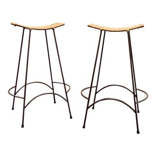 1960s Vintage Arthur Umanoff Wicker & Iron Stools- a Pair For Sale