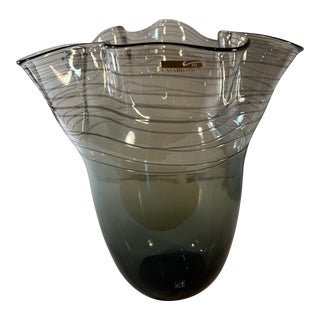 Casamotion Smokey Gray Art Glass Vase With Swirl Design and Ruffled Lip For Sale