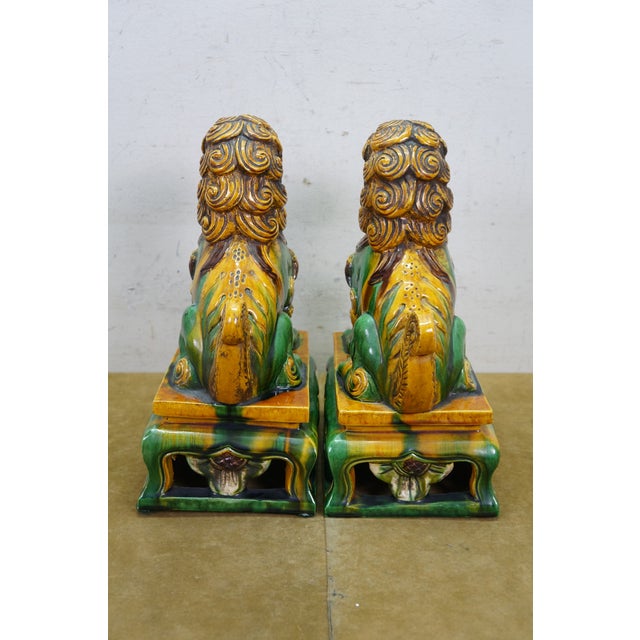 Ceramic 2 Chinese Green Sancai Glazed Porcelain Foo Dog Guardian Lion Statues 12" For Sale - Image 7 of 18