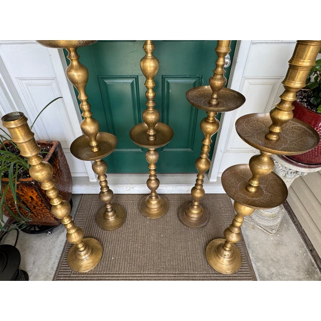 Vintage 1960s Moroccan Etched Brass Pillar Altar Floor Candle Stands = 5 Altars (35 Pieces) For Sale - Image 4 of 15