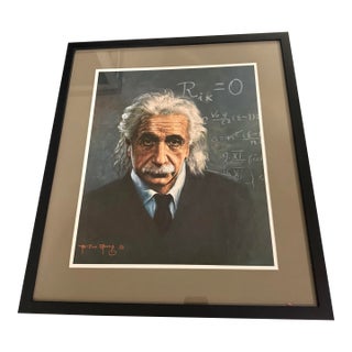 Rare Ho-Ewn-Chang Signed Albert Einstein Print Glass Framed 1986 For Sale