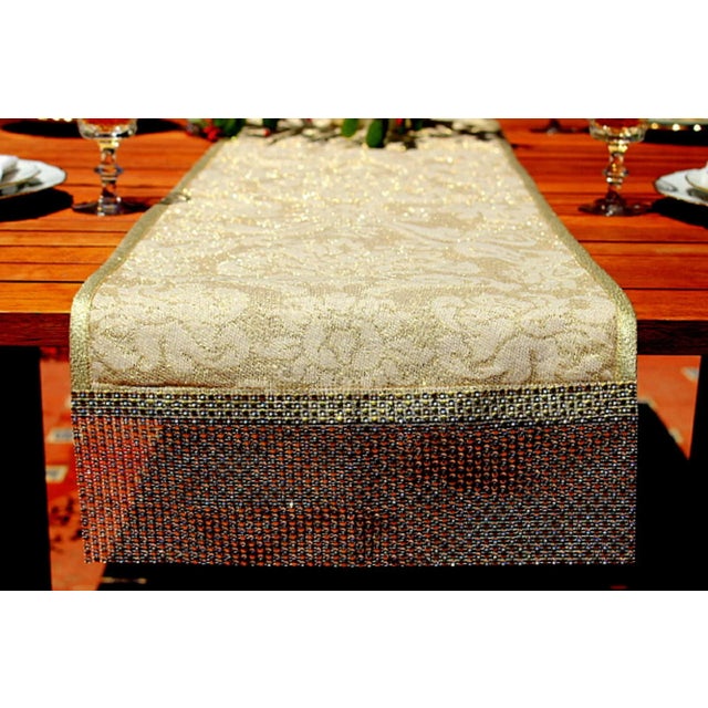 Kravet Gold Damask Table Runner With Sequins Crystals For Sale - Image 6 of 13