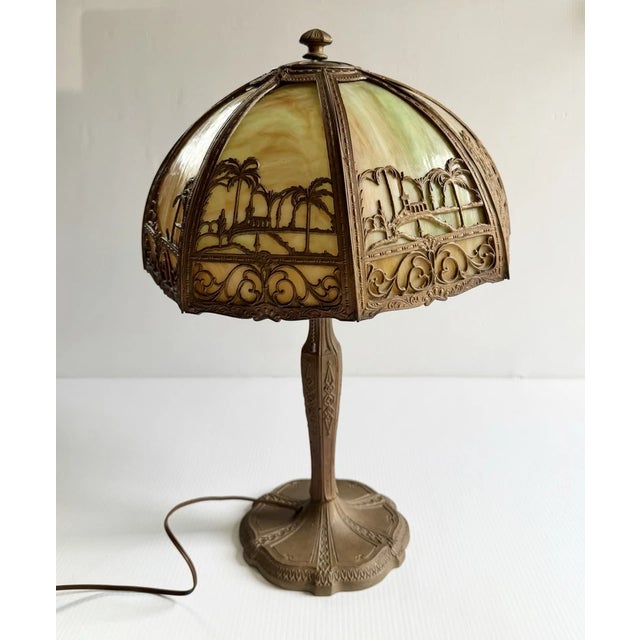 Antique Art Nouveau 8 Panel Slag Glass Lamp With Desert Scene Palm Trees, for Repair For Sale - Image 11 of 18