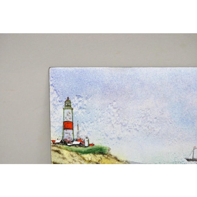 Late 20th Century Dom Dominic Mingolla Enamel on Copper Painting Red Lighthouse Shoreline For Sale - Image 4 of 9