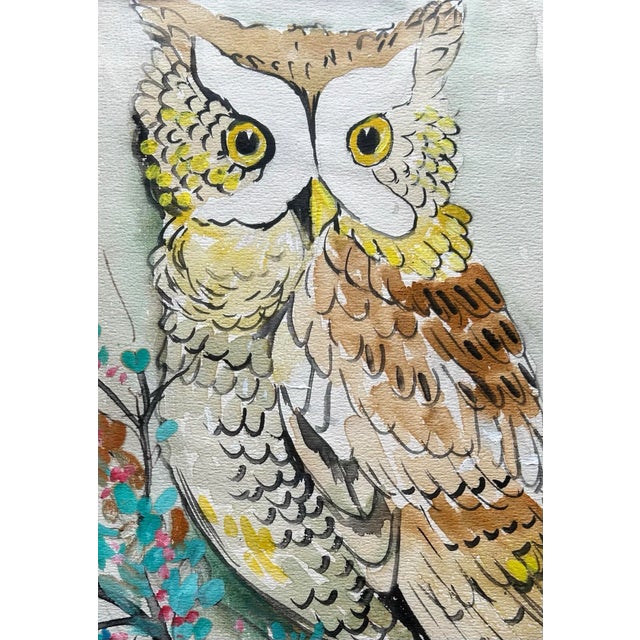 1970s Vintage 1970’s Original Large Watercolor of Owl in Wood Frame For Sale - Image 5 of 7