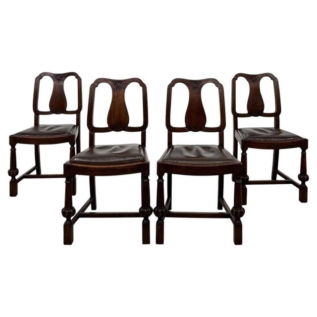 Brown Early 20th Century Antique English Edwardian Oak Dining Chairs, Set of 4 For Sale - Image 8 of 8