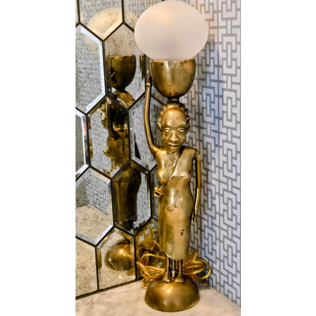 Vintage African Brass Figural Lady Table Lamp With Frosted Globe For Sale - Image 15 of 15