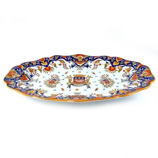 Rare ca.1900 Rouen Decor Armorial Platter has gorgeous hand painted Rouen Decor with Acanthus leaves, multiple flowers,...