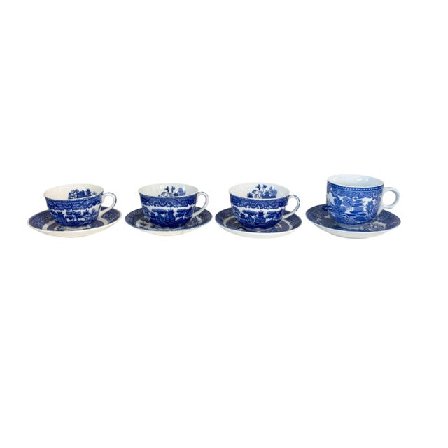 Vintage Blue & White Porcelain Willow Pattern Set of 4 Tea Cups For Sale - Image 10 of 10