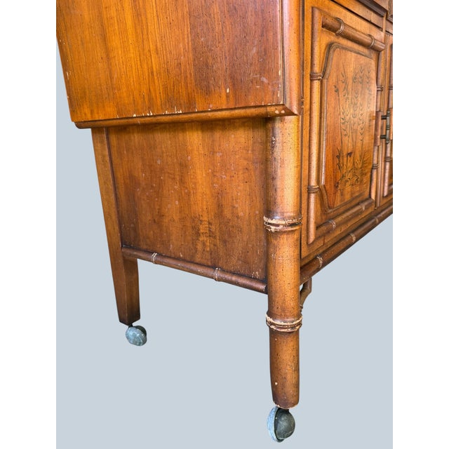 Brown Vintage Mid-Century Dixie "Aloha" Faux Bamboo Drop-Leaf Buffet Server & Bar Cart For Sale - Image 8 of 11
