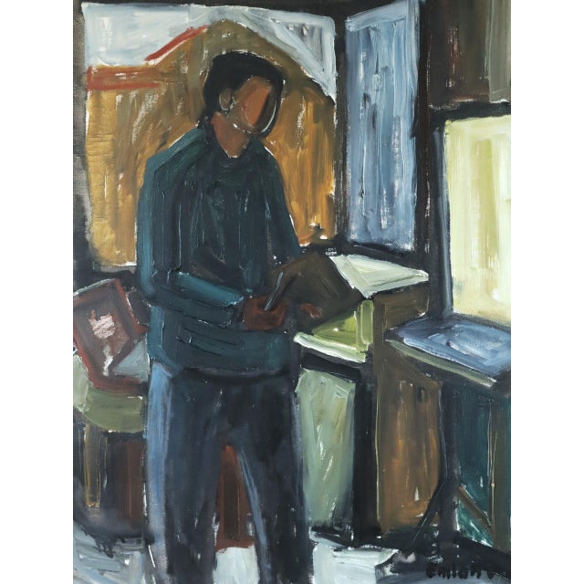 Black Mid-Century Modern 'A Moment to Read' Swedish Expressive Interior Oil Painting, Framed For Sale - Image 8 of 12