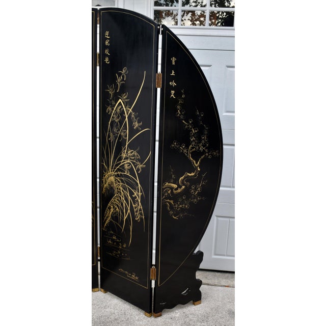 4 Panel Room Divider Vintage Chinese Coromandel Round Screen Black Lacquer For Sale - Image 15 of 16