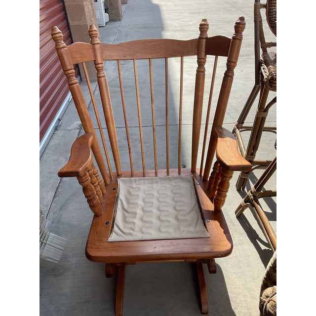 Brown Vintage Solid Wood Windsor-Style Glider Rocking Chair With Tufted Cushions For Sale - Image 8 of 9