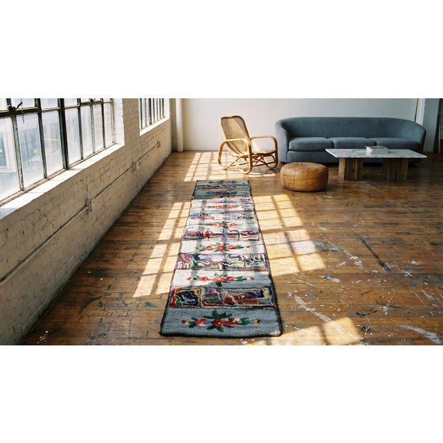 1930s Multicolor Floral Folk Art Antique American Hooked Rug 2'3" X 17'8" Handknotted Wool Carpet For Sale - Image 9 of 9