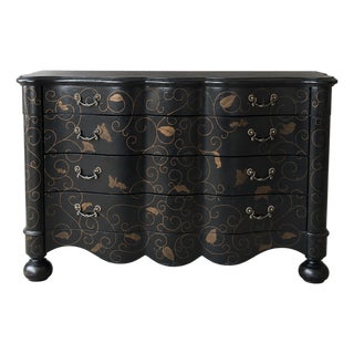 Late 20th Century Drexel Heritage Covington Park Hand-Painted Bombe Dresser | Ebony Finish With Gilded Vine & Butterfly Motif For Sale
