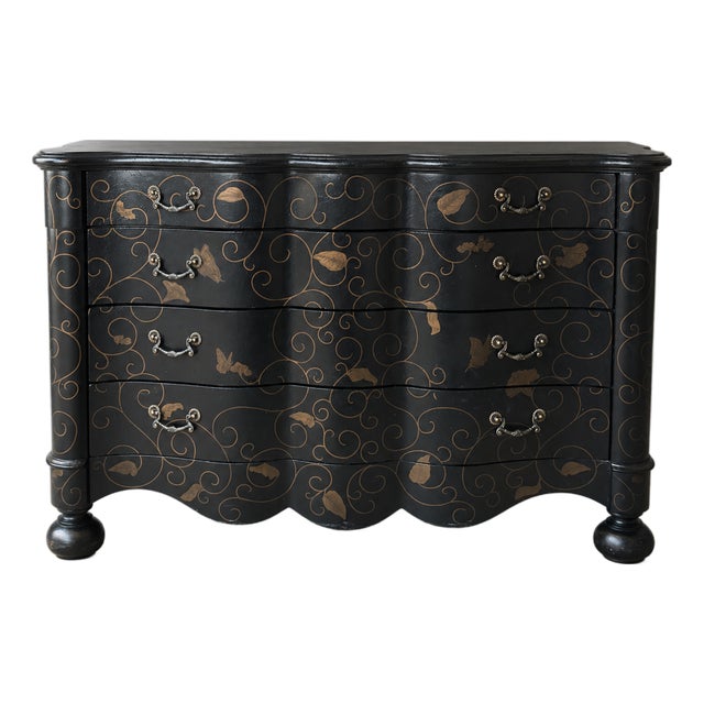 Late 20th Century Drexel Heritage Covington Park Hand-Painted Bombe Dresser | Ebony Finish With Gilded Vine & Butterfly Motif For Sale