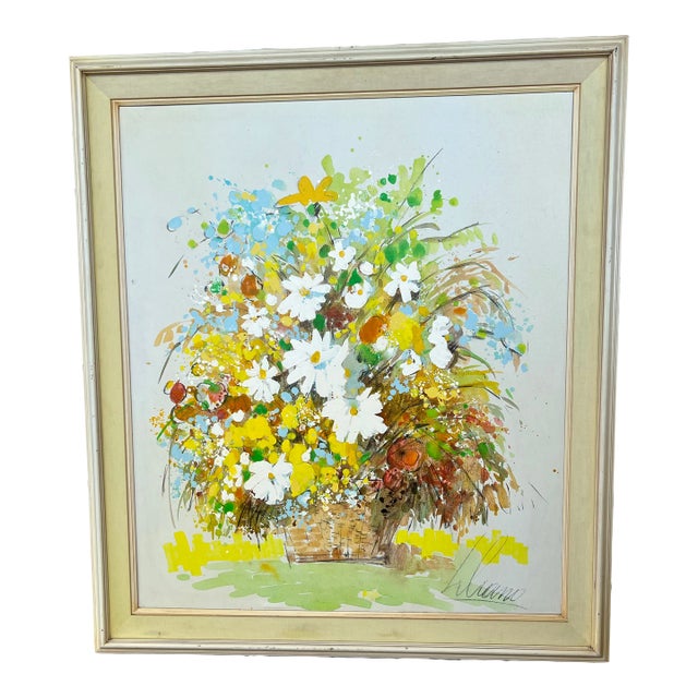 Mid Century Large Yellow Floral Still Life Oil Painting For Sale