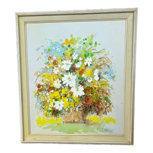 Mid Century Large Yellow Floral Still Life Oil Painting