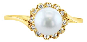 6MM Freshwater Pearl Diamond Halo Ring 14k Yellow Gold, Size 3