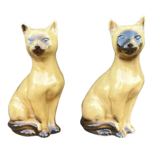 Mid 20th Century Ceramic Siamese Cats With Hand Painted Blue Eyes, Made in Brazil - a Pair