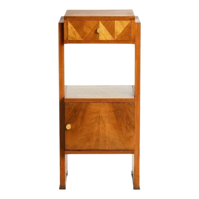 British Art Deco Walnut Bedside Cabinet with Bakelite Handles, 1930 For Sale