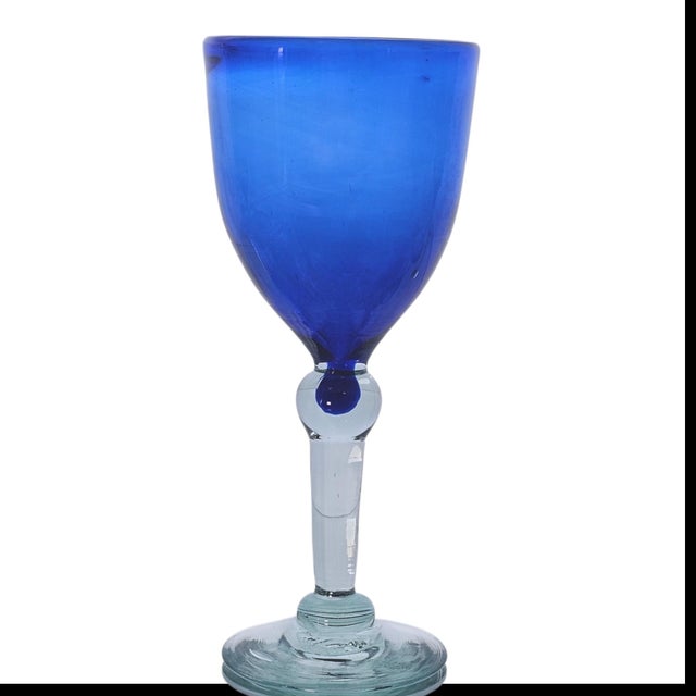 Glass Late 20th Century Mexican Hand-Blown Cobalt Blue Wine Goblets With Aqua Stems 8" - Set of Six For Sale - Image 7 of 15