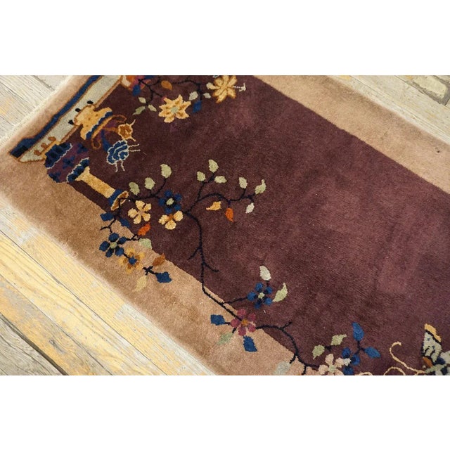 1920s 1920s Splendid Plum Ground Flower Design Antique Chinese Art Deco Knotted Rug For Sale - Image 5 of 13