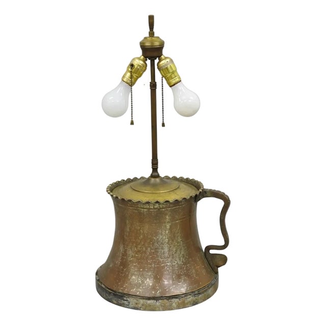 Antique Anglo Indian Moroccan Hammered Copper Pitcher With Handle Table Lamp For Sale