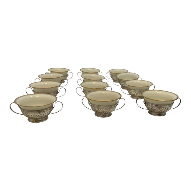 Antique Gorham Sterling Silver Pierced Bouillon Cup Holders With Lenox Porcelain Liners America - 24 pcs For Sale