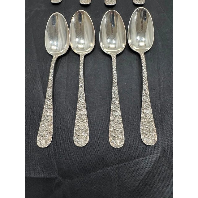 Antique Stieff Rose Sterling Silver 5.875" Flat Handle Teaspoons Set 12 Monogram For Sale - Image 9 of 12