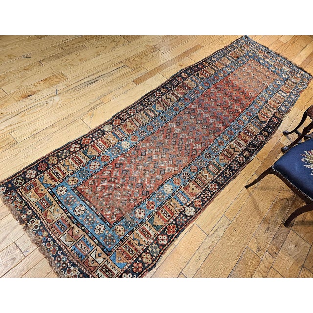 Textile 19th Century Persian Kurdish Wide Runner Rug, Hand-Knotted Wool, Allover Paisley Pattern, Terracotta & Blue, 4x12 For Sale - Image 7 of 15
