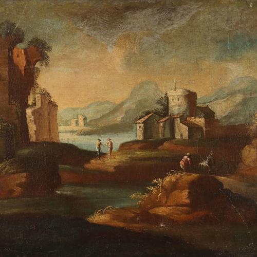 Venetian School, Landscape with Figures, Oil on Canvas, Framed For Sale - Image 3 of 12