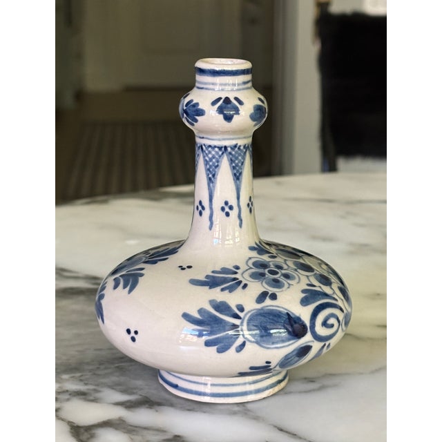 Ceramic Petite Mid-Century Delftware Blue & White Hand Painted, Single Flower Vase For Sale - Image 7 of 11