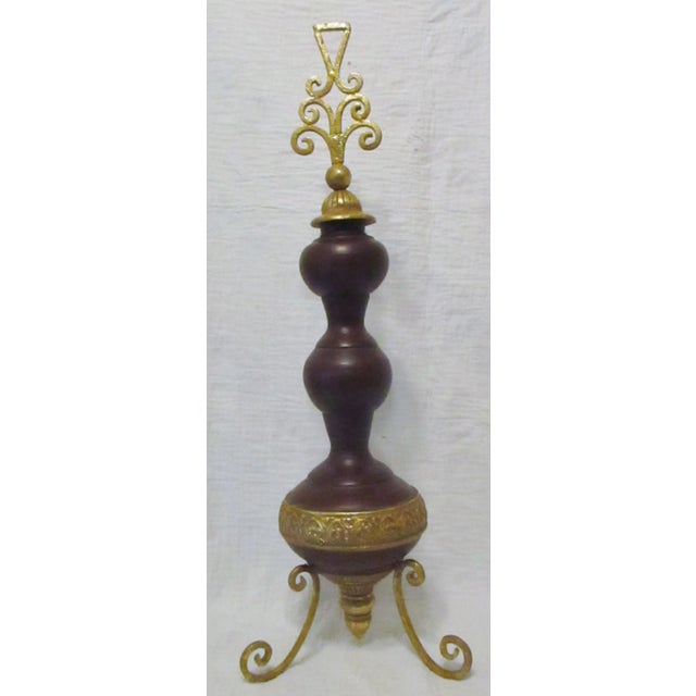Vintage Tall Brown Turned Wood & Gold Metal Tripod Decorative Table Art For Sale - Image 10 of 10