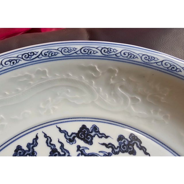 Chinese Mid 20th Century Very Large Amazing Glazed Chinese Charger Plate With Blue Dragons For Sale - Image 3 of 4
