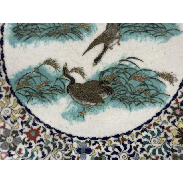 White Pair of Japanese Cloisonne Enamel Plates Chargers Ducks Pastel Floral Borders For Sale - Image 8 of 18