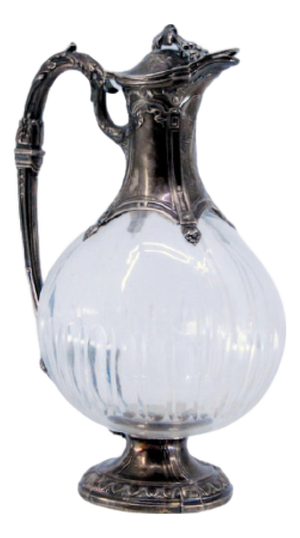 Wine Jug in Cut Glass and Silver on the Mouth, Neck, Handle and Base with Reliefs and Scrolls