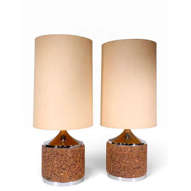 Mid 20th Century Mid 20th Century Danish Modern Cork and Chrome Table Lamps With Original Shades - Pair For Sale - Image 5 of 14
