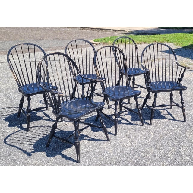 Vintage Set 6 Rustic Black Painted Windsor Chairs For Sale - Image 4 of 13