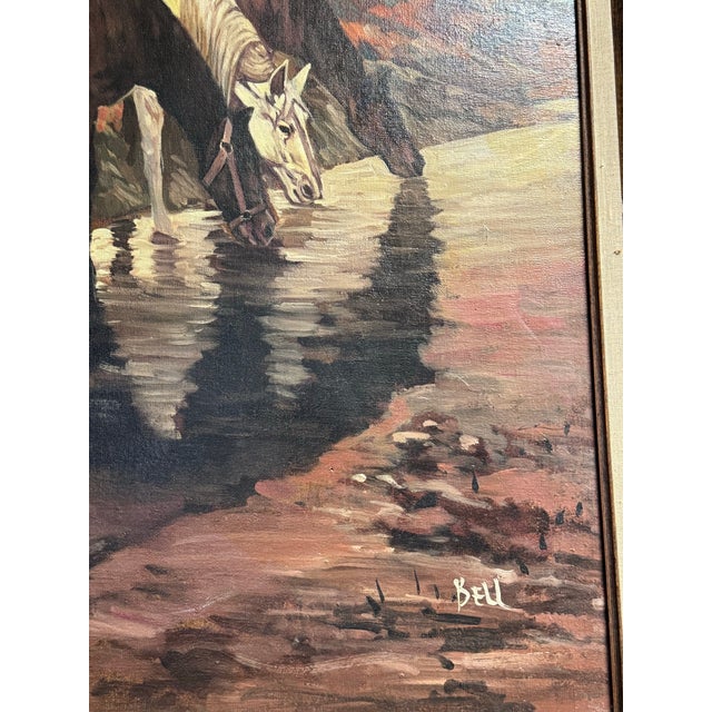Farmhouse Vintage Signed “Bell” American West Large Painting on Canvas- Watering the Horses For Sale - Image 3 of 12