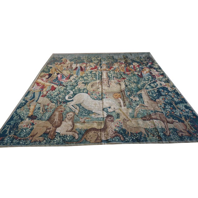 Vintage Square Tapestry Continental Traditional European Allover Floral Flat Weave For Sale In New York - Image 6 of 12
