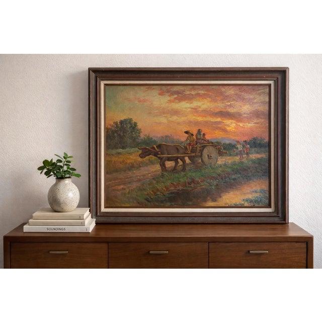 Vintage mid-20th century oil painting titled “Homeward Bound,” depicting a pastoral countryside scene with a farmer...