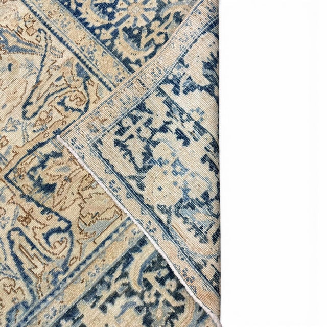Early 20th Century Antique Heriz Rug 8x11 | Light Beige & Blue Floral Medallion For Sale - Image 5 of 5