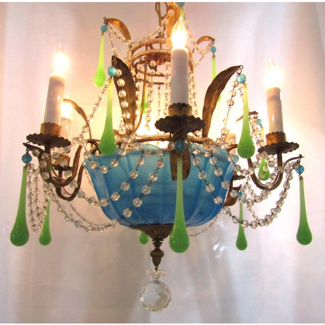 1940s Rare Italian Blue and Green Opaline Beaded Gold Leaf Chandelier For Sale - Image 4 of 11